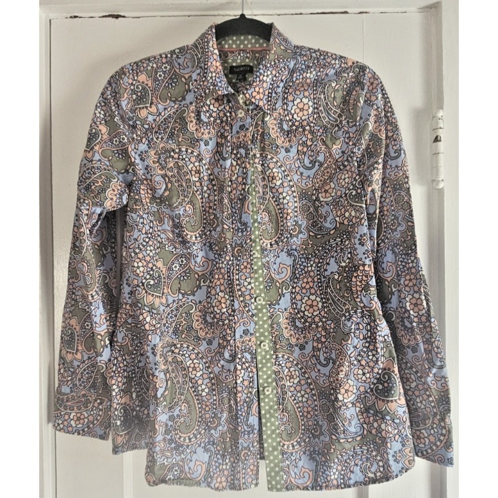 TALBOTS womens XS mlticolor paisley contrasting polka dot placket button shirt